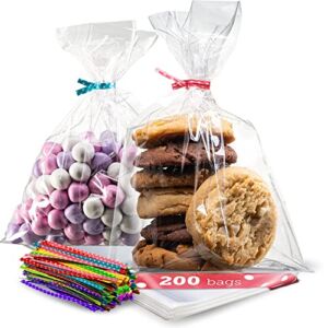 200 Pack Clear Plastic Cellophane Bags Goodie Bags [6×10] with 4″ Twist Ties | Candy Bags | Cookie Bags | Treat Bags with Ties | Clear Gift Bags | Cellophane Treat Bags (Pack of 200)