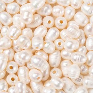 Beadthoven 100pcs 7-10mm Natural Oval Freshwater Pearl Beads 1.8mm Big Large Hole Rice Shape Pearls for Leather Cord Beading Jewelry Making DIY Crafts (White)