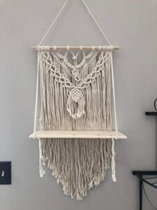 NORAS’s Accent Macrame Wall Hanging Shelf – Boho Indoor Outdoor Hanging Shelves Organizer for Wall Decor – Decorative Bohemian Wall Floating Storage Shelf for Plants, Handmade Cotton Rope Pine Wood