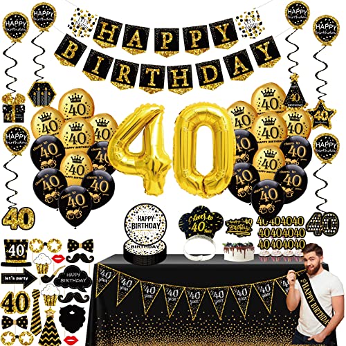 40th birthday decorations for men women – (76pack) black gold party Banner, Pennant, Hanging Swirl, birthday balloons, Tablecloths, cupcake Topper, Crown, plates, Photo Props, Birthday Sash for gifts | The Storepaperoomates Retail Market - Fast Affordable Shopping