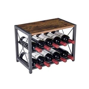 Rustic Countertop Wine Rack 10 Bottle Organizer Holder 2 Tier Wood & Iron – 17.4″ L x 10.3″ W x 13″ H – Wine Storage Shelf