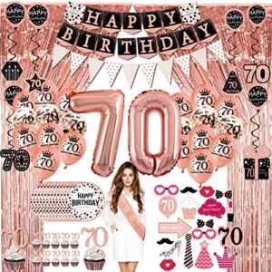 70th birthday decorations for women – (76pack) rose gold party Banner, Pennant, Hanging Swirl, birthday Balloons, Foil Backdrops, cupcake Topper, plates, Photo Props, Birthday Sash for gifts women