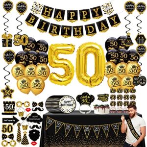 50th birthday decorations for men women – (76pack) black gold party Banner, Pennant, Hanging Swirl, birthday balloons, Tablecloths, cupcake Topper, Crown, plates, Photo Props, Sash for gifts