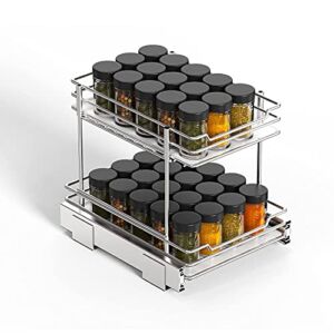 G-TING Pull Out Spice Rack Organizer for Cabinet, 2-Tier Slide Out Kitchen Cabinets and Pantry Closet Storage Shelf 8.6″ W 10.4″ D 9″ H for Spices, Sauces, Bottle, Shot Glasses, Food and Cans, Chrome