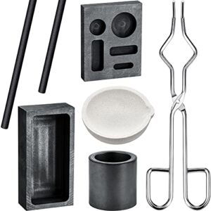 7 Pieces Graphite Torch Melting Casting Kit, Including 2 Graphite Crucible Stir Stick, Graphite Casting Mould 5-in-1 Graphite Casting Ingot Mould, Quartz Crucible, Cylindrical Graphite, Tong for Melt