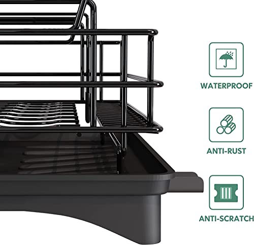 MAJALiS Large Dish Drying Rack Drainboard Set, 2 Tier Stainless Steel Dish Racks with Drainage, Wine Glass Holder, Utensil Holder and Extra Drying Mat, Dish Drainers for Kitchen Counter (Black) | The Storepaperoomates Retail Market - Fast Affordable Shopping