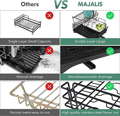 MAJALiS Large Dish Drying Rack Drainboard Set, 2 Tier Stainless Steel Dish Racks with Drainage, Wine Glass Holder, Utensil Holder and Extra Drying Mat, Dish Drainers for Kitchen Counter (Black) | The Storepaperoomates Retail Market - Fast Affordable Shopping