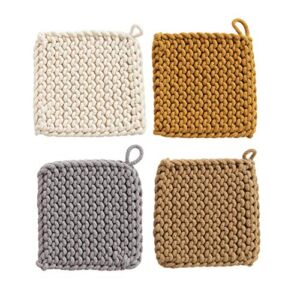 Creative Co-Op Square Cotton Crocheted Potholder, 4 Colors Entertaining Textiles, Multi
