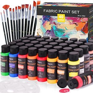 Fabric Paint Set, 40 Colors (2 oz/Bottle) Textile Paints with 12 Art Brushes, No Heating Needed & Washable Fabric Paint, Art Supplies for Clothes, Canvas, T-Shirts, Jeans