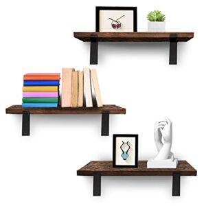 ROBOPOWER Rustic Wood Floating Shelves Wall Mounted 3 Packs Wood Shelves with L Iron Brackets Shelves for Home Decor Bedroom, Living Room, Bathroom, Kitchen, Office (Hook-Down, Dark Brown)