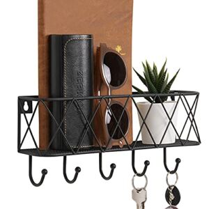 Snughome Entryway Mail Holder with Key Hooks for Wall, 11’’L Wall Mounted Matte Black Metal Wire Mesh Storage Basket with Holders for Organize Letters, Magazines, Keys, Leashes(Matte Black)