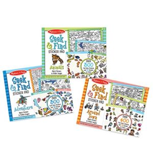 Melissa & Doug Seek & Find Sticker Pad 3-Pack, Around Town, Adventure, Animals, Each Includes 400+ Stickers, 14 Scenes to Color, 14″ H x 11.1″ W x 0.2″