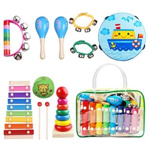 Kids Musical Instruments, Musical Instruments Wood Xylophone for Kids Children, Child Wooden Music Shakers Percussion Instruments Tambourine Birthday Gifts Present with Carrying Bag