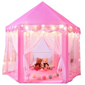 Sumbababy Princess Castle Tent for Girls Fairy Play Tents for Kids Hexagon Playhouse with Fairy Star Lights Toys for Children or Toddlers Indoor or Outdoor Games (Pink)