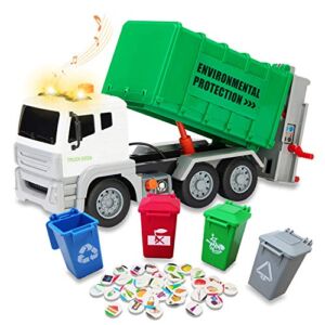 RACPNEL Garbage Truck Toy, Waste Management Recycling Truck Toy with 4 Trash Cans, 40 Garbage Sorting Cards, Lights & Sounds,Educational Toys and Gift for Toddlers, Kids, Boys & Girls (Green)