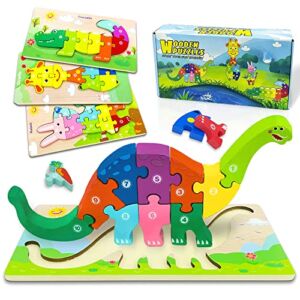 Wooden Toddler Puzzles Montessori Toys for 2 3 4 Years Old Boys Girls,4 Pack Animal Jigsaw Puzzles Educational Developmental STEM Kids Toys Gift Baby Learning Travel Toy Ages 2-4
