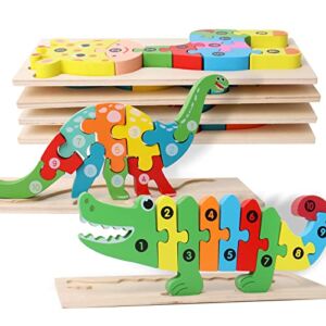 6-Pack Wooden Toddler Puzzles for Kids Ages 2-4 Number Puzzle for Toddlers 3 Years Old Wooden Dinosaur Puzzles for Toddlers 3-6 Years Animal Jigsaw for Toddler Toys Boy Girl Gift