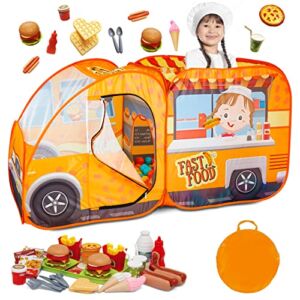 Food Truck Play Tent for Kids with 54 Pc. Play Food Set, Pop Up Playhouse with Pretend Play Toy Food Set for Kids, Toddlers, Girls & Boys, Children’s Play Tent Ball Pit, Indoor & Outdoor Tent for Kids