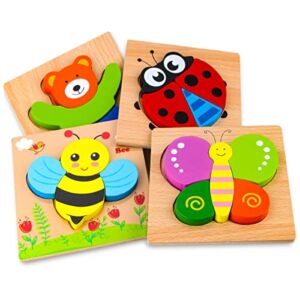 SKYFIELD Wooden Animal Puzzles for Toddlers 1 2 3 Years Old, Boys & Girls Educational Toys Gift with 4 Animal Patterns, Bright Vibrant Color Shapes, Customize Gift Box Ready