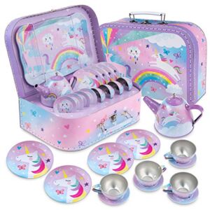 Jewelkeeper 15 Piece Kids Pretend Toy Tin Tea Set & Carrying Case – Cotton Candy Unicorn Design – Girls