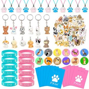110 PCS Dog Party Favors Puppy Key Chain Necklace Silicone Wristbands Stickers Goodie Bags Button Badges For Birthday Party Favors Baby Shower Decorations Classroom Rewards Dog Theme Supplies