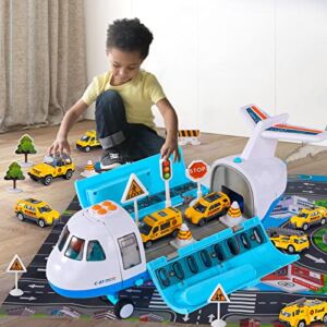 IHAHA Boy Toys Gifts for 2 3 4 5 6 Year Old, Airplane Toy with Smoke, Light & Sound, 16 Inches Big Transport Cargo Airplane Toy with 6 Construction Vehicle Trucks, Fricton Powered Airplane Toys