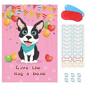 Pin The Bone On The Dog Game Dog Themed Birthday Party Favors Give The Dog A Bone Pink Puppy Birthday Party Supplies for Kids Girls Party Games, Large Dog Poster with 48 Bone Stickers