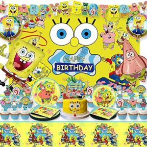 Sponge Theme Party Supplies, Birthday Decorations Set include Backdrop, Foil Balloons, Happy Birthday Banner, Plates, Napkins, Cake Toppers, Party Decorations for Kids