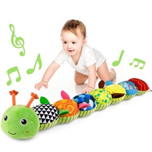 Awotoy Baby Toys Musical Caterpillar Interactive Multicolored Infant Toy Crinkle Rattle Soft with Ring Bell Stuffed Cuddly Baby Toy with Ruler Design Educational Toddler Green