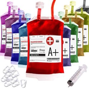 Blood Bag drinking. Set of 10 fake iv Blood Bags for Drinks, 11.5Oz, with Extra Syringe Set of 10 Labels and Clips. Drink pouches Halloween/Vampire/Zombie/Nurse Graduation/decorations Party supplies