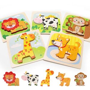 Wooden Toddler Puzzles for 1,2,3 Years, 5-Pack Animal Shape Puzzles for Kids 2-4, Montessori Educational Learning Toy Birthday Gifts for Boys and Girls