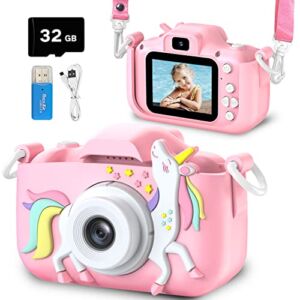 Goopow Kids Camera Toys for 3-8 Year Old Girls,Children Digital Video Camcorder Camera with Unicorn Soft Silicone Cover, Best Christmas Birthday Festival Gift for Kids – 32G SD Card Included