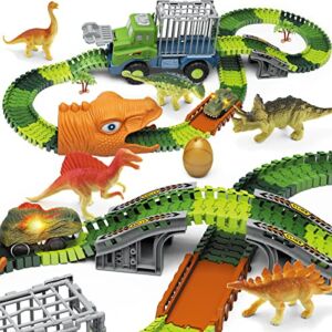 LEENDE Dinosaur Toys Race Car Tracks Set, Create a Dino World Road Race, Flexible Dinosaur Vehicle Track Toy Playset 164 pcs Christmas Birthday Gifts for Kids Age 3 4 5 6 7 Year Old Boys and Girls