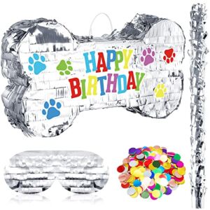 4 Pcs Mini Dog Bone Pinata with Pinata Stick Blindfold Colorful Confetti Set, Puppy Dog Pinata Dog Birthday Party Supplies for Theme Party Decorations Anniversary Celebration Kids Girls Boys