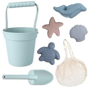 BLUE GINKGO Silicone Beach Toys – Modern Baby Beach Toys | Travel Friendly Beach Set | Silicone Bucket, Shovel, 4 Sand Molds, Beach Bag | Silicone Sand Toys for Toddlers, Kids – Green