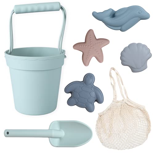BLUE GINKGO Silicone Beach Toys – Modern Baby Beach Toys | Travel Friendly Beach Set | Silicone Bucket, Shovel, 4 Sand Molds, Beach Bag | Silicone Sand Toys for Toddlers, Kids – Green | The Storepaperoomates Retail Market - Fast Affordable Shopping