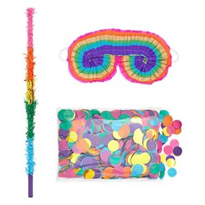 30 Inch Rainbow Pinata Stick and Blindfold Set with Round Confetti (3 Piece Set)