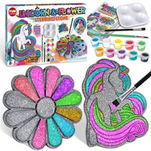 PYO Stepping Stones for Kids, ColorMyWay 2 Pack Unicorn & Flower Paint Your Own Craft Acivity for Girls & Boys Ages 3-12 DIY Mosaic Stone Art Kit