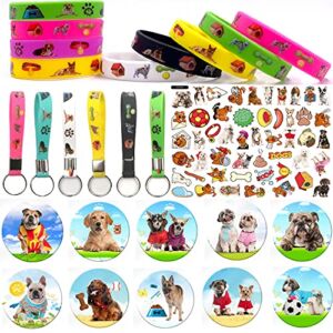 qiyuan Cute Dog Themed Birthday Party Favors Set Dog Party Decorations Kits Party Supplies for Dog Themed Party-12 Bracelet ,10 Button Pins, 8 Key Chain, 50 Stickers.