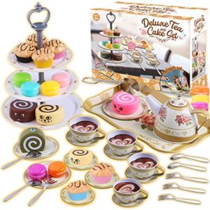 Cheffun Tea Set for Little Girls – Tea Party Pretend Play Kitchen Set Sweet Princess Accessories Plastic Tea Cups Dishes Play Food Macaroons Cake Set Stands Play Set for Toddlers Kids Ages 3 4 5 6 7+