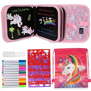 Kids Erasable Doodle Book Set, 14 Page Portable Reusable Drawing Board and More Than 100+ Drawing Shape Molds, Kids Travel Activity Book for Toddlers Activities, Travel, Learning (Pink Unicorn)