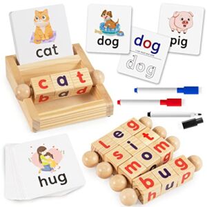Montessori Toys for Toddlers 3 4 5 Years Old Wooden Reading Writing Blocks Flash Cards Rotating Matching Letters Toy Short Vowel Rods Spelling Games for Kids Alphabet Learning for Preschool Boys Girls
