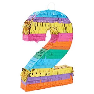 Small Fiesta Number 2 Pinata for Kid’s 2nd Birthday Party (Rainbow, 11 x 16.5 x 3 In)