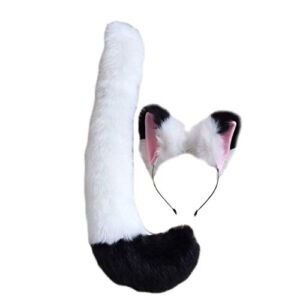 BSTANG Anime Party Cat Cosplay Costume Cat Ears Tail 19.7” Fox Tail Cos Children Gift (White Black Tail Hairband Set)
