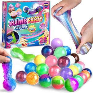 25 Variety Slime Balls Party Favors, FunKidz Bulk Premade Soft Small Slime Toys Gifts for Kids Girls Boys Includes Galaxy Fluffy Butter Cloud Unicorn Mermaid Glow in The Dark Clear Slime Pack