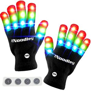 The Noodley Thin Flashing LED Light Gloves Kids and Teen Sized with Extra Batteries Finger Toy Cosplay Halloween Costume Accessory Boys and Girls – Ages 8-12 (Medium, Black)