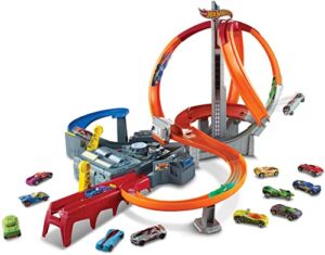 Hot Wheels Track Set with 1 Toy Car, Multi-Lane, Motorized Track with 3 Crash Zones, Spin Storm Racetrack ​​​