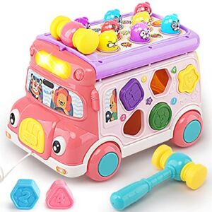 Music Activity Bus Baby Toy, Infant Education Learning Car, Sound & Light, Interactive Game, Shape Sorter, Animal Matching, Gear & Clock, Birthday Gift for Toddler Kid Boy Girl 3 4 5 6 7 Years (Pink)