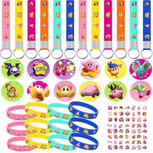 Goelsakurara 86 Pcs Kirby Birthday Party Supplies,Include 12 Bracelets,12 Button Pins,12 Key Chains, and 50 Stickers, Birthday Party Decorations,Christmas Favors,Girls and Boys Party Favors Gift Set