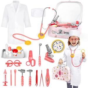 Pink Doctor Kit for Kids, 21Pcs Pretend Play Toys Medical Kit with Real Working Stethoscope and Coat, Toddler Doctor Playset Kids Dr Kit Toys for Girl Age 3-8